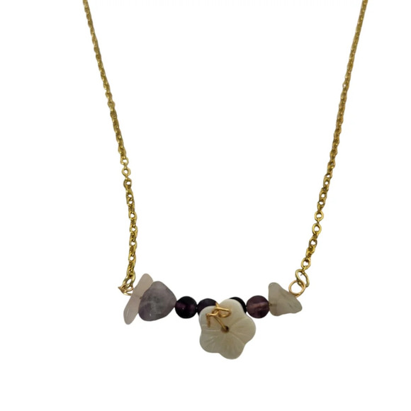 18k Gold Plated Hibiscus Amethyst Bar Necklace - Picture 1 of 4